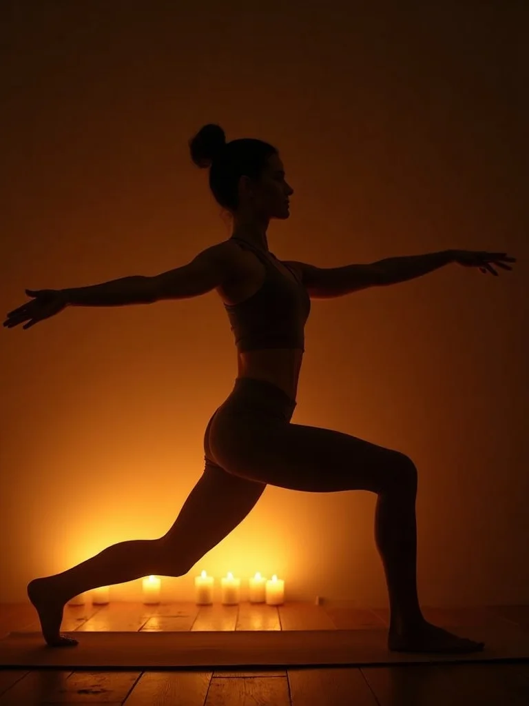 A yoga practitioner holding a warrior pose in a warm candlelit room