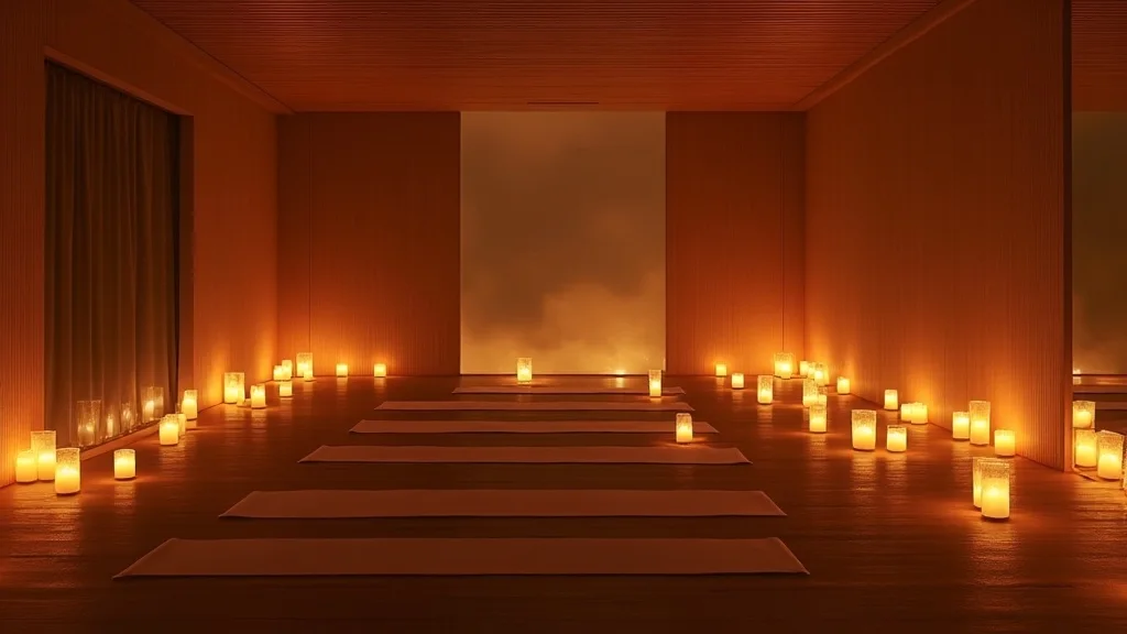 Warm candlelit hot yoga studio with rows of mats at Casa D Hot Yoga in Cooper City, FL